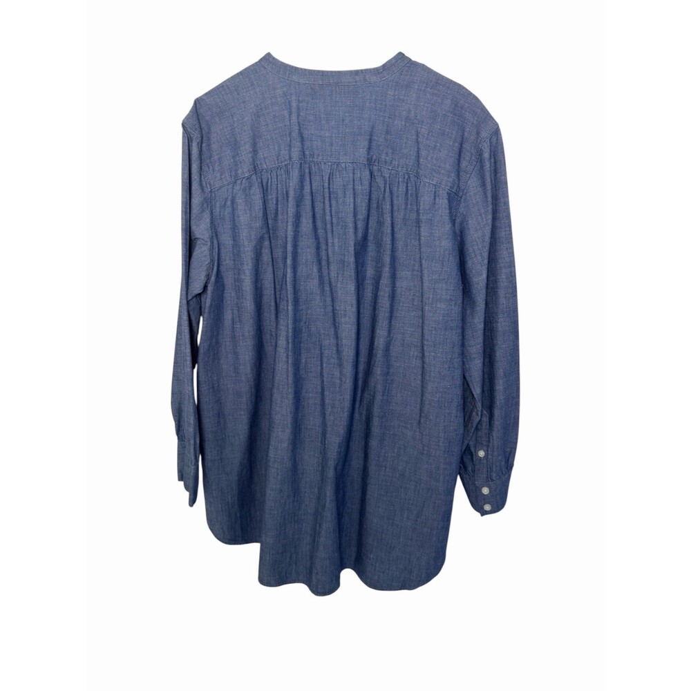 Lands End XL 18 Blue Chambray Tunic Band Collar Gathered Back Pockets EUC - Picture 2 of 7